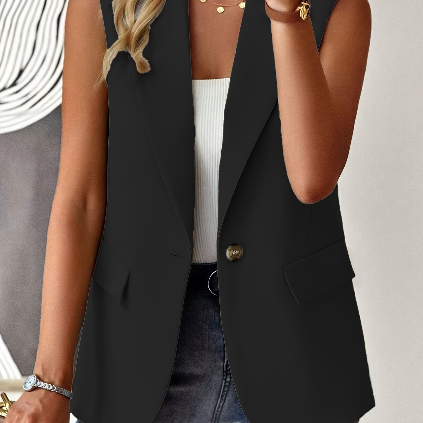 Elegant Solid Color Button Front Lapel Vest - Sleeveless Vest for Spring & Fall