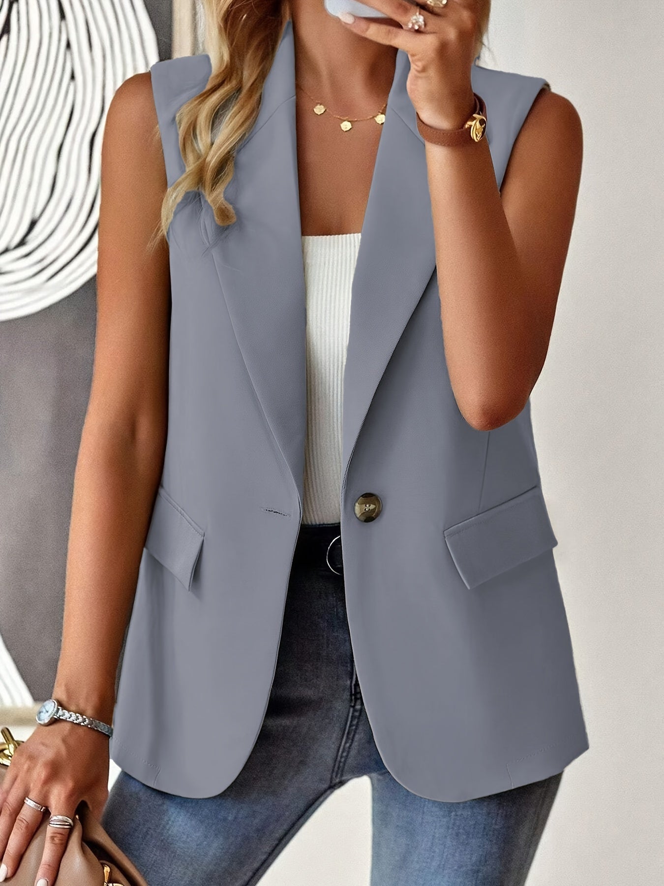 Elegant Solid Color Button Front Lapel Vest - Sleeveless Vest for Spring & Fall