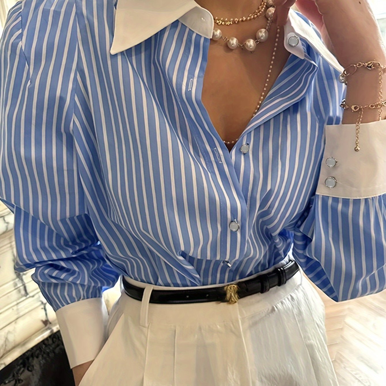 Long Sleeve Elegant Blue and White Striped Button-Up Shirt