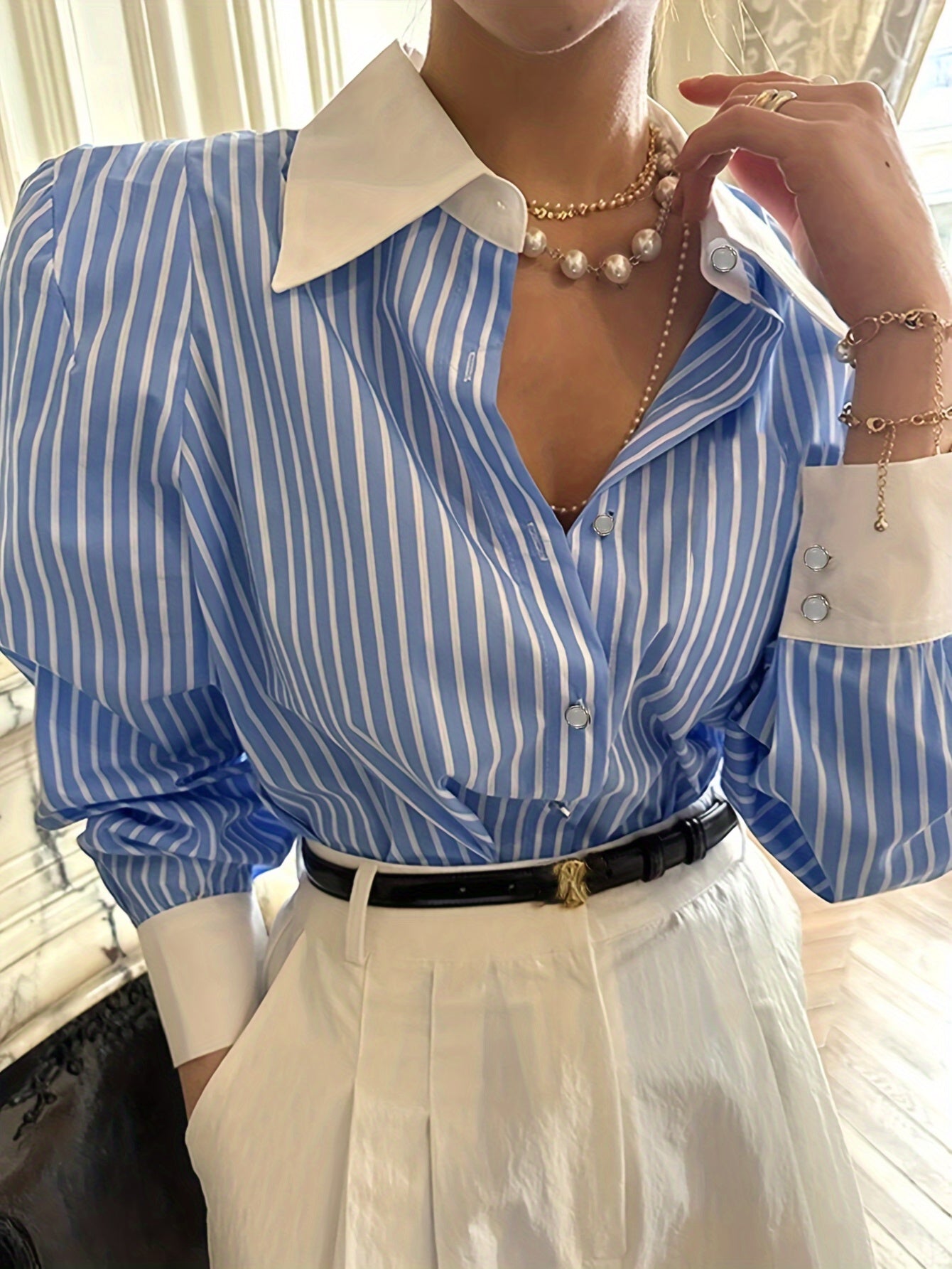 Long Sleeve Elegant Blue and White Striped Button-Up Shirt