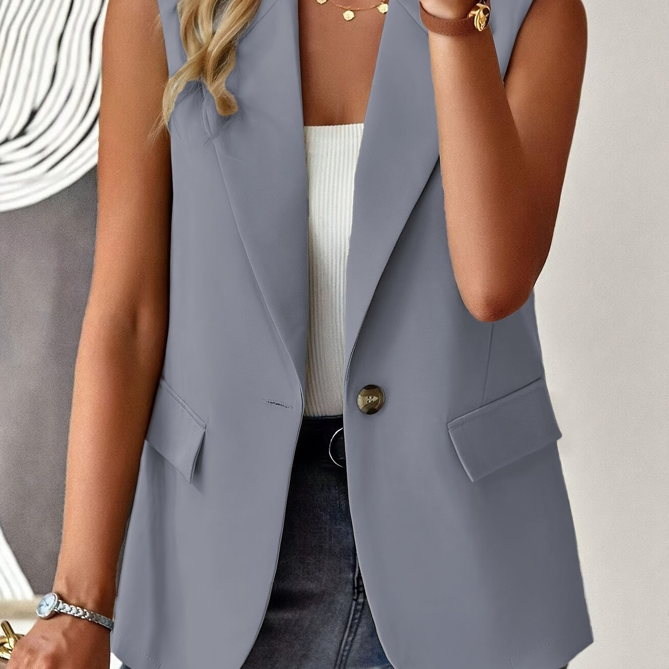 Elegant Solid Color Button Front Lapel Vest - Sleeveless Vest for Spring & Fall