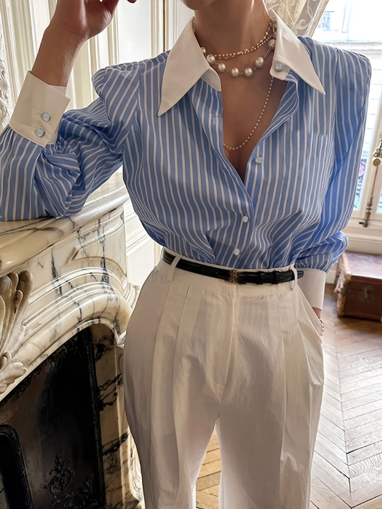 Long Sleeve Elegant Blue and White Striped Button-Up Shirt