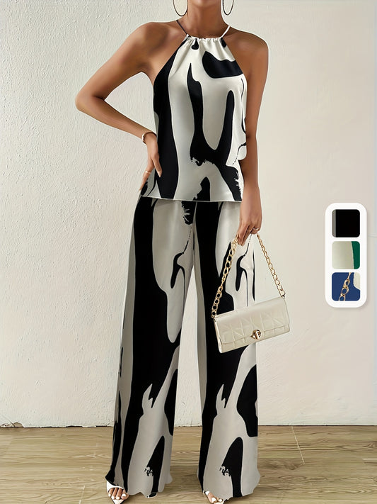 Elegant Vacation Print Neck Strapless Vest and Trousers