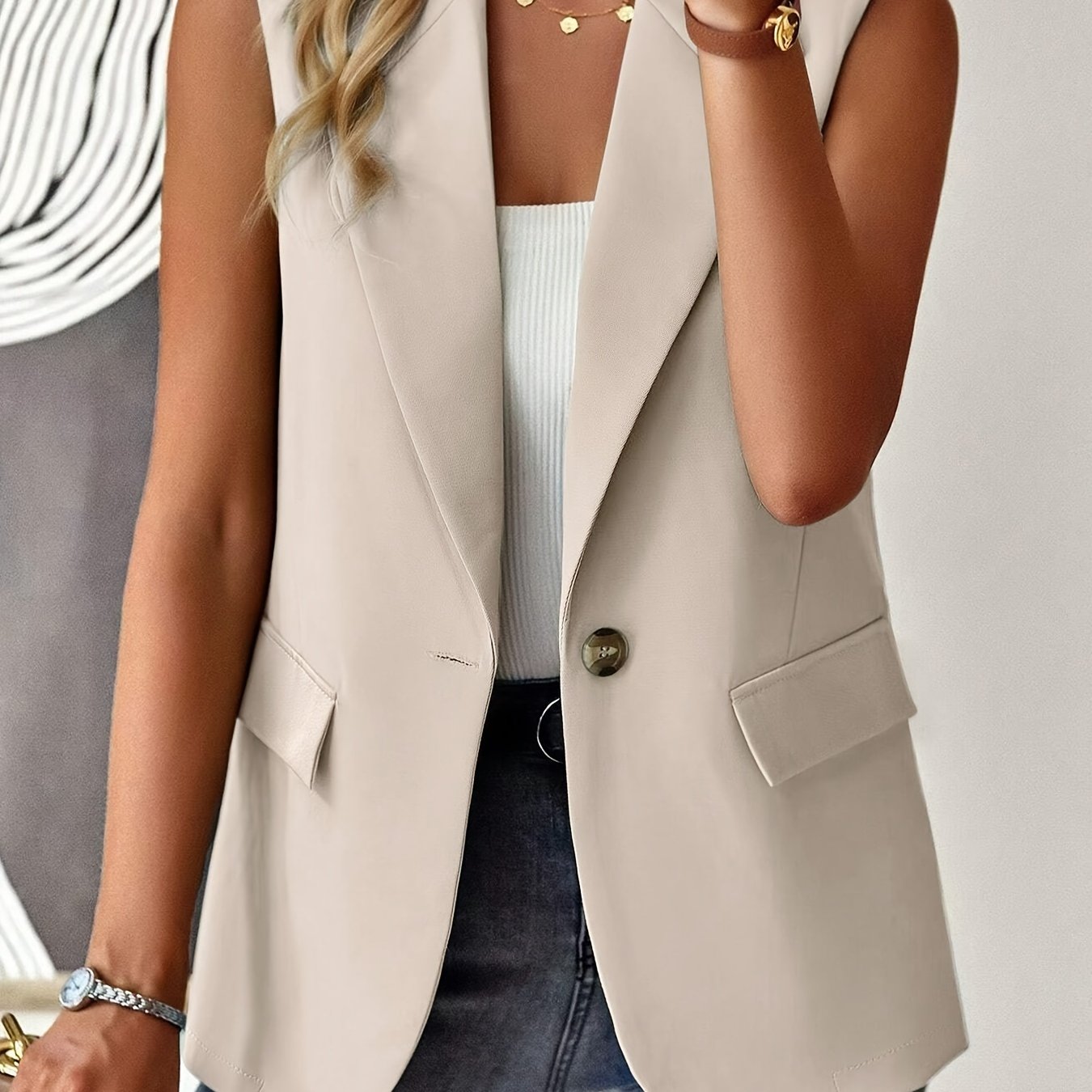 Elegant Solid Color Button Front Lapel Vest - Sleeveless Vest for Spring & Fall